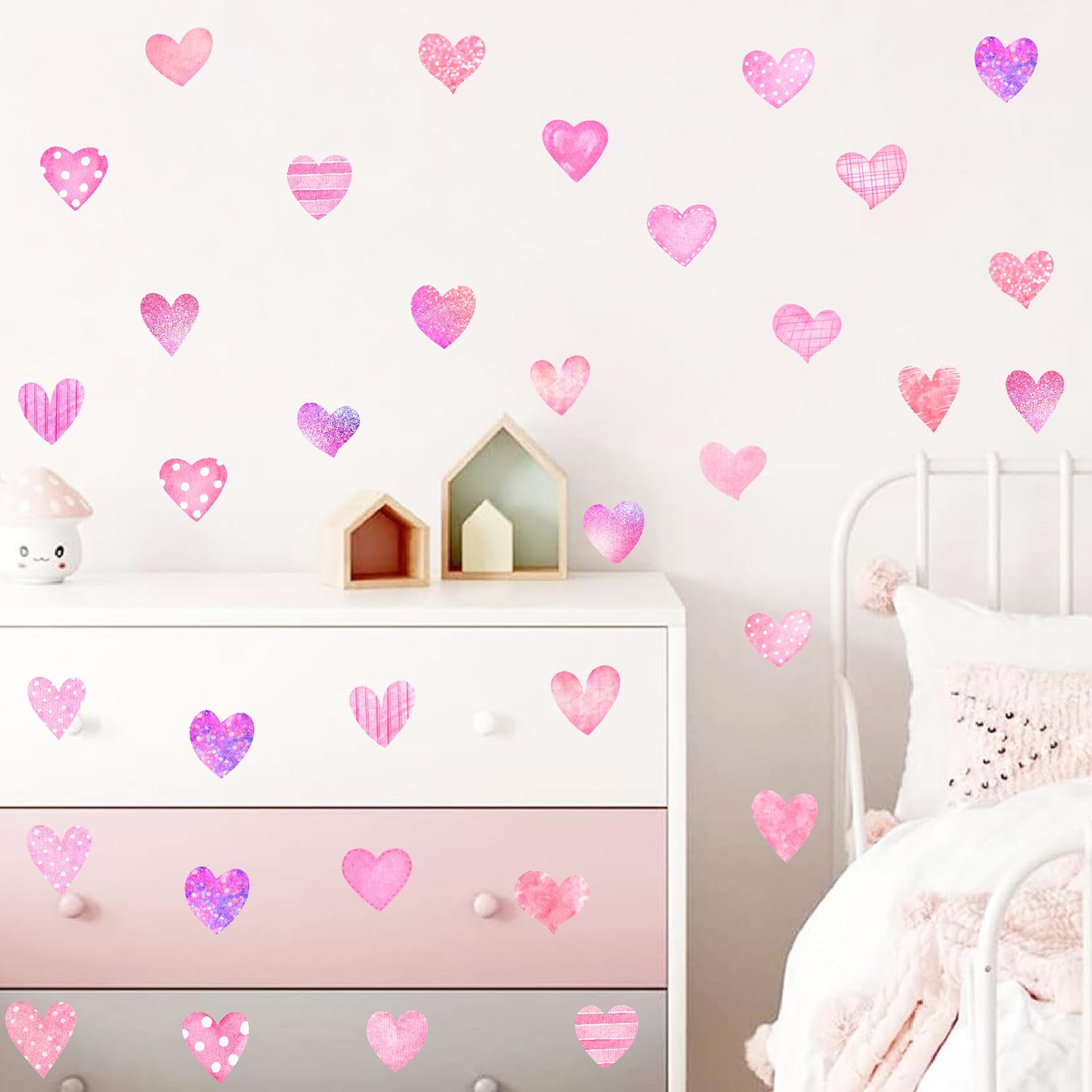 MOSITU Colourful Heart Wall Stickers 66 Pcs 3 Sheets Watercolour Fabric Heart Decals Peel and Stick Removable for Girls Room Nursery Bedroom Decor - Image 2