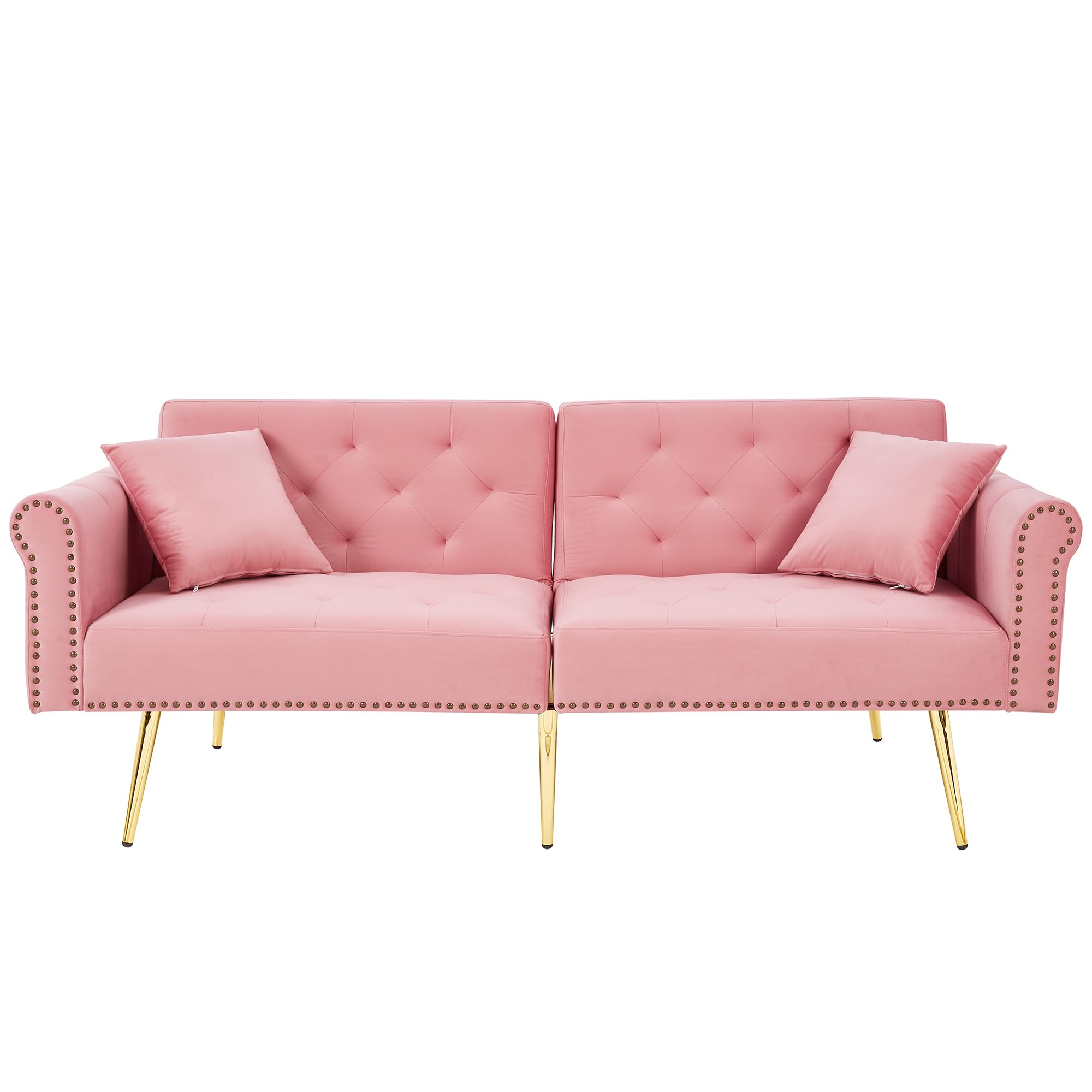 Azkoeesy Divano letto moderno a 2 posti in velluto 173 cm con gambe in metallo dorato e rivetti, 2 cuscini, schienale regolabile a 3 posizioni, per soggiorno e ufficio (rosa)