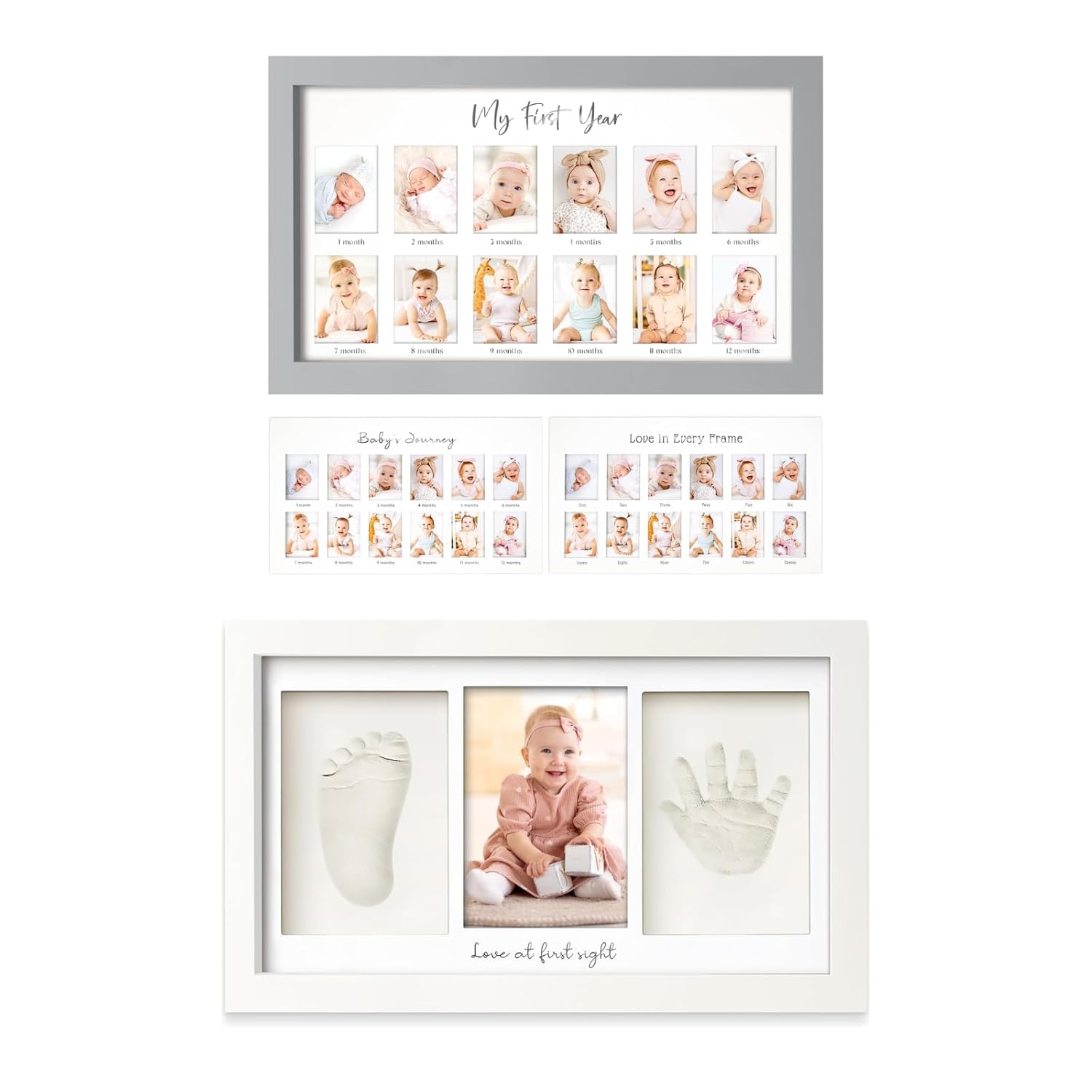 KeaBabies 12 Months Baby Picture Frame for Newborn Girl, Boy and Baby Handprint & Footprint Kit - My First Year Photo Frame, Monthly Photo Keepsake - Duo Photo Display