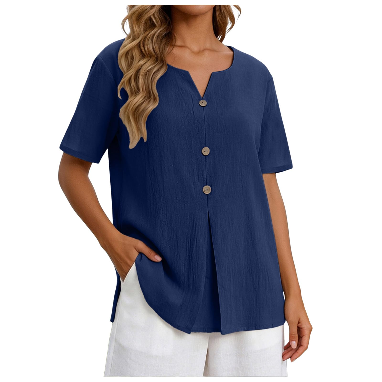 Generico Camicie Tipo Camisa De Lino per Donna La delle Donne in Top Camicia da Donna Camicia da in Lino, Elegante Elegante, con Collo a V, Maniche Camicie Eleganti, Cullo, Gasa, Tops De Negocios