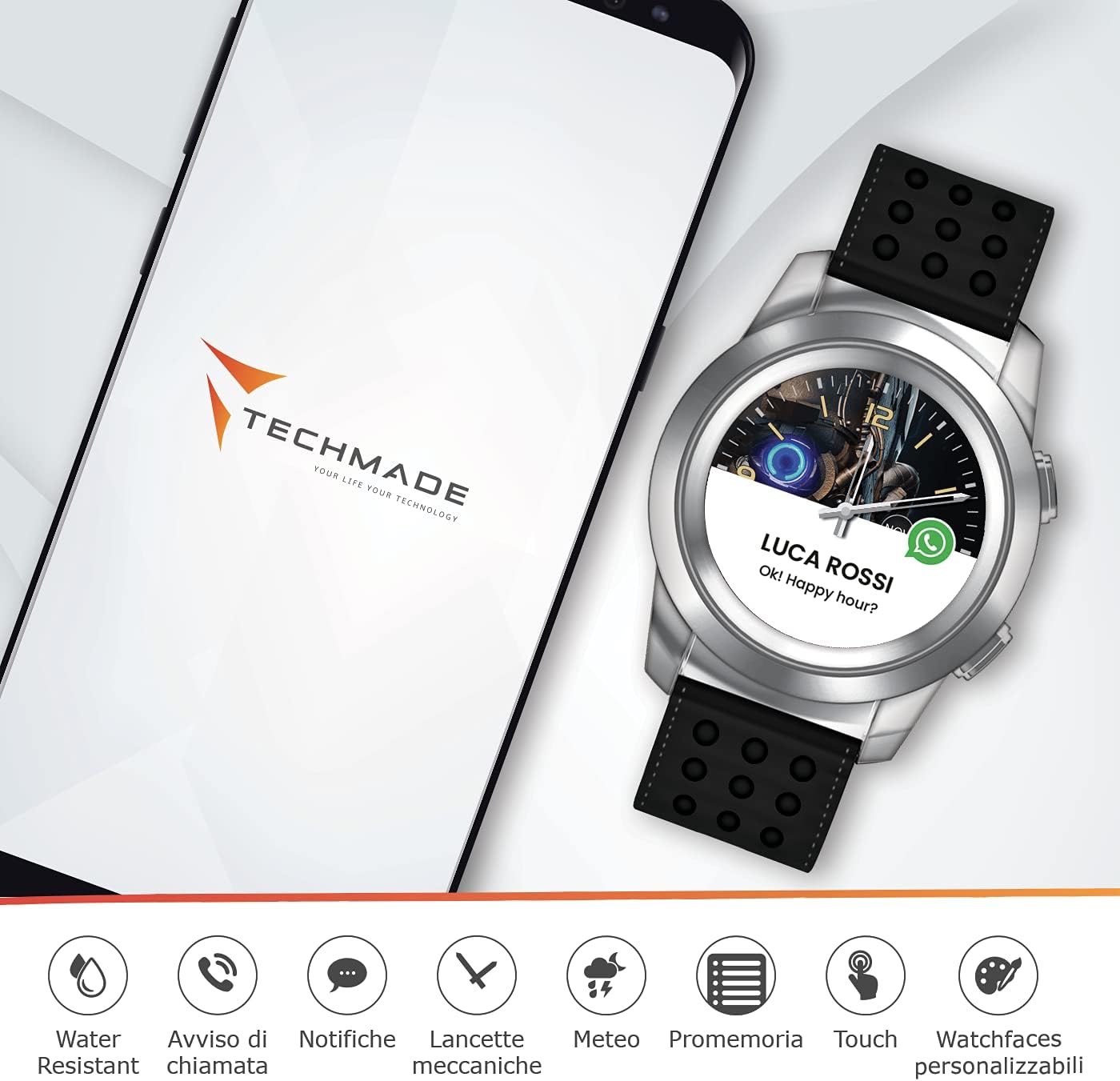 Techmade watch next to a smartphone displaying the Techmade app interface, showing a notification from 'LUCA ROSSI'.