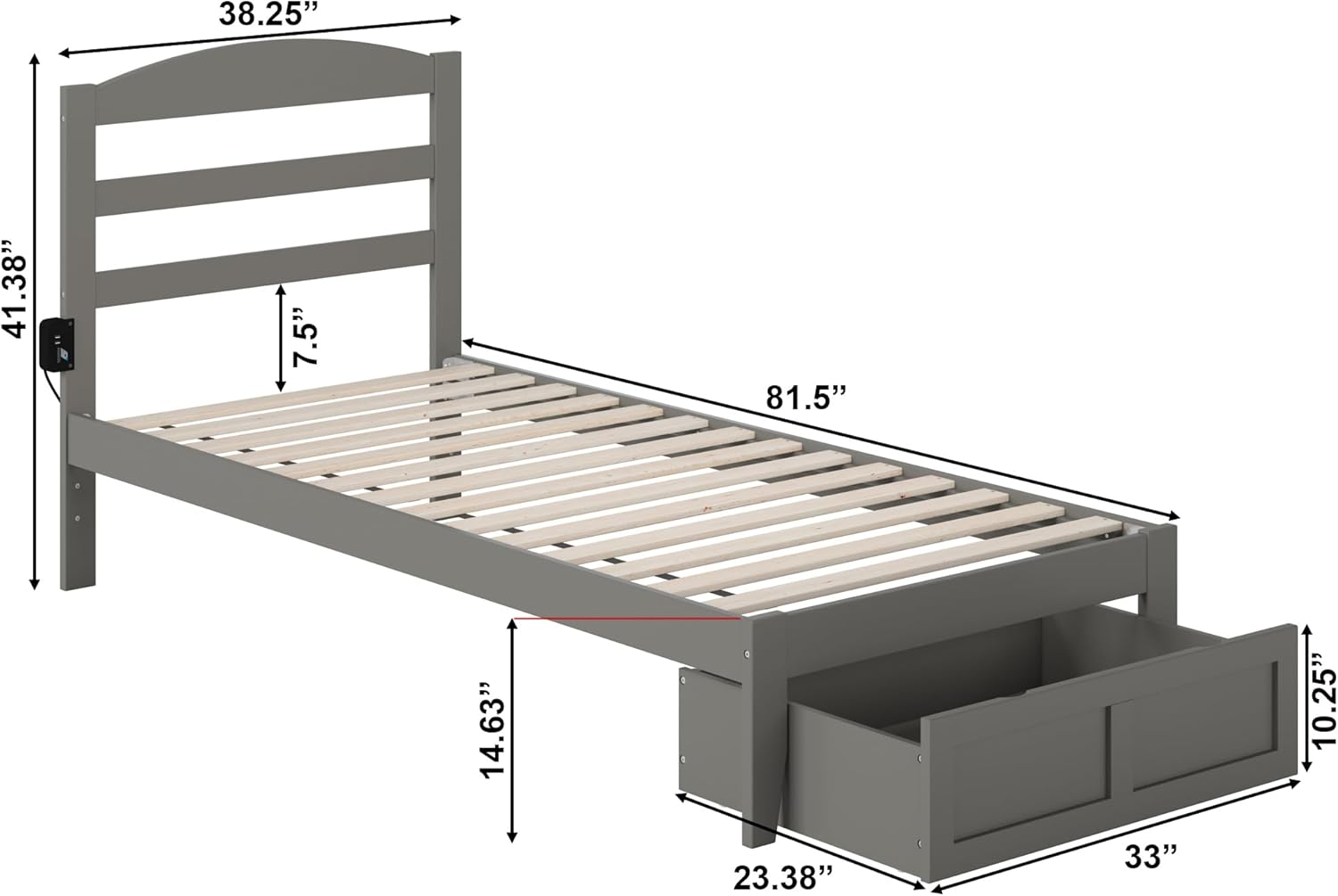 AFI, Warren Twin XL Platform Bed with Foot Drawer, Grey