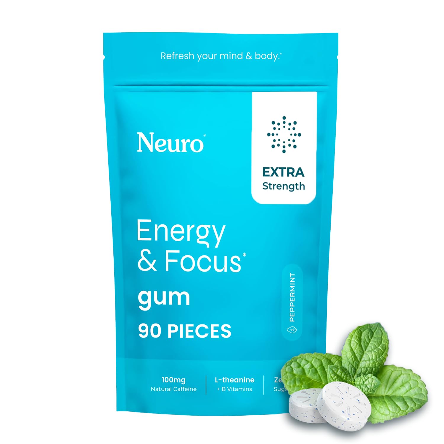 Energy & Focus Gum, Extra Strength - 100mg Natural Caffeine Gum & Nootropic Energy Supplement with L-Theanine & B Vitamins - Sugar Free, Vegan - Peppermint, 90ct
