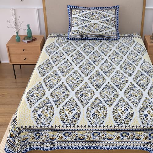 Image of 100% Cotton Single Bedsheet with 1 Pillow Cover | 240 TC Pure Cotton Flat Bed Sheet | Traditional Jaipuri Printed Bedding Set | Soft & Breathable | 60 x 90 Inch (Rangmahal Single 30)