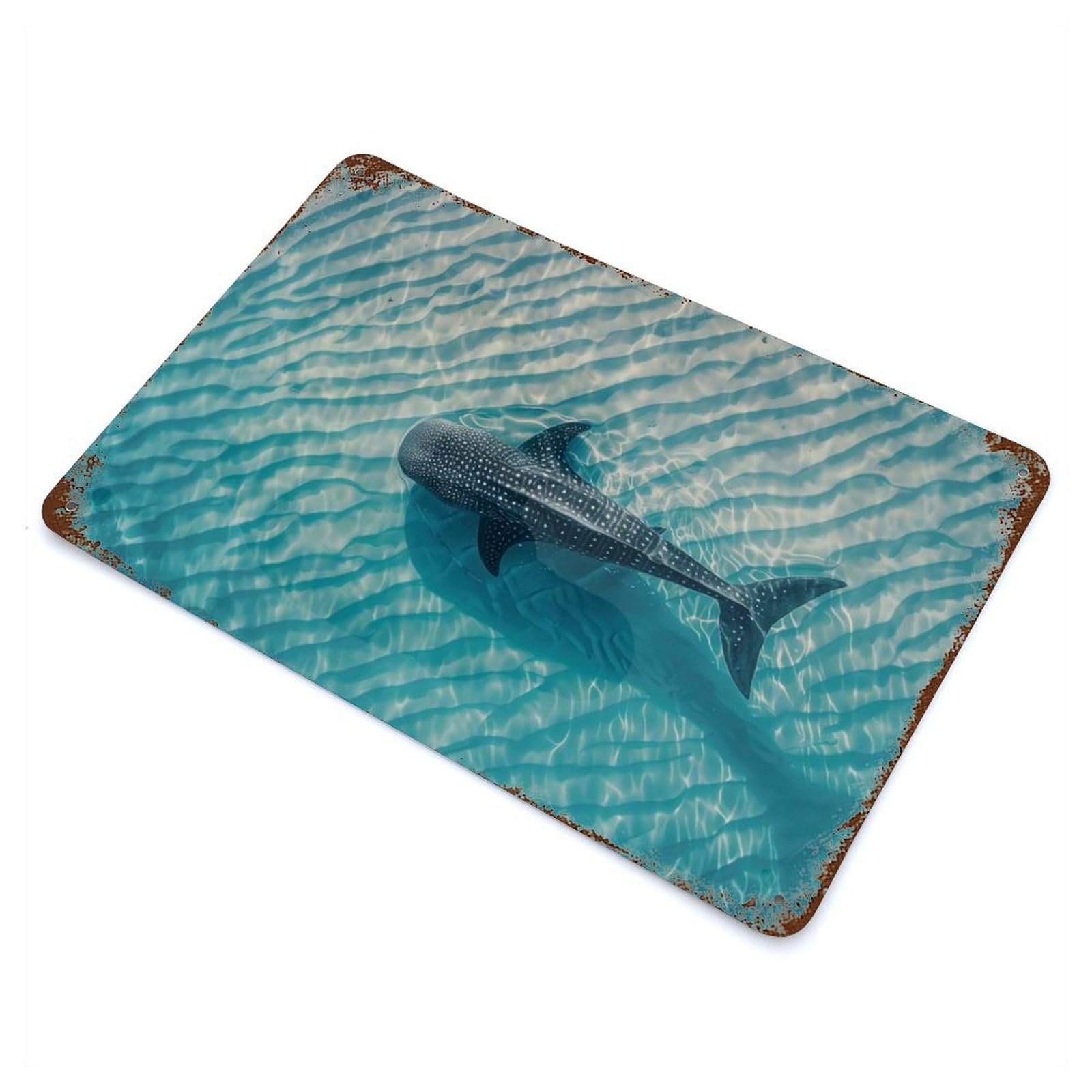 Rust Effect Whale Shark in Turquoise Water Weathered Tin Sign 11.8"x7.9", Shabby Chic Decor for Cafe, Home Bar And Lounge Decor