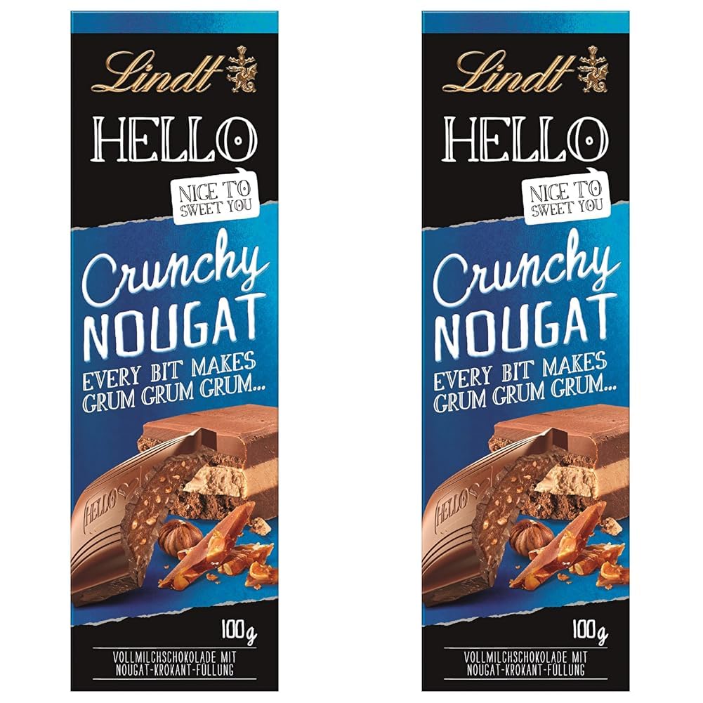 Lindt Schokolade HELLO Crunchy Nougat | 100 g Tafel | Vollmilch-Schokolade mit Nougat-Krokant-Füllung | Schokoladentafel | Schokoladengeschenk (Packung mit 2)