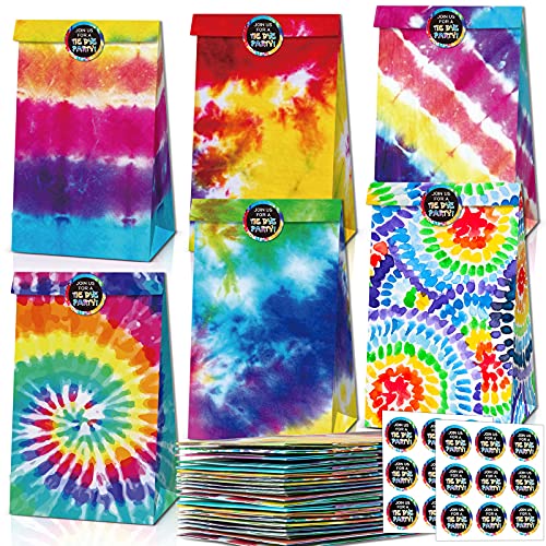 Bright Tie Dye Party Favor Bags, Colorful Camouflage Treat Bags Goody Bags Retro Gift Bags with Labels, Kids Paper Bags for Birthday, Retro Theme Party, 12 PCS
