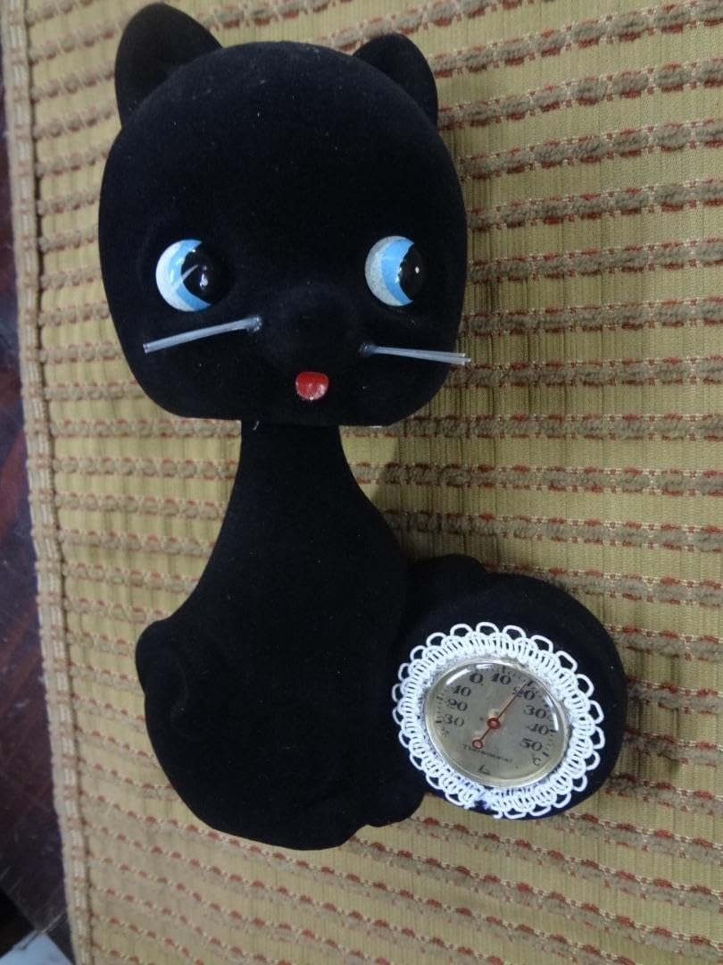 新品未使用品1970年代当時もの●アンティーク黒猫首振り室内温度計付き貯金箱 新品未使用品1970年代当時もの○アンティーク黒猫首振り室内温度
