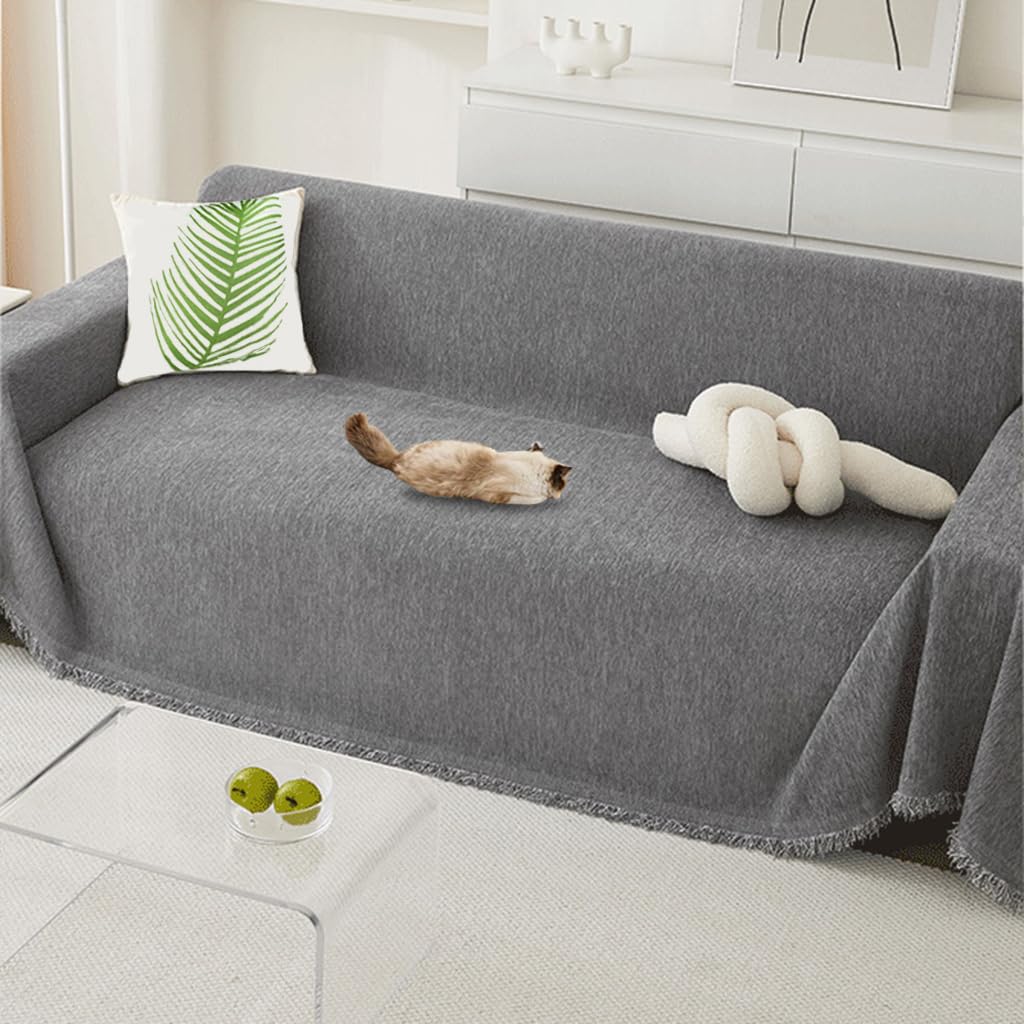 Manta para sofá de Chenilla con Flecos, Antideslizante, protección para Mascotas, Pelo de niños, Perros y Gatos, versátil, Decorativa para sofá para Familia (Gris Oscuro, 230X340cm)