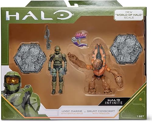 Halo Infinite World of Halo USNC Marine con rifle de batalla y recluta gruñido con figuras de aguja