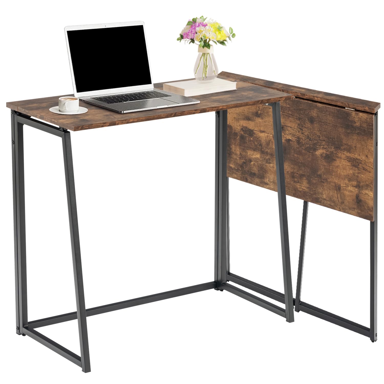 FurnitureR Folding Writing Desk, 31.5 Inches Foldable Home Office Desk, Space Saving Computer Study Table Compact Workstation for Small Space, Vintage Brown