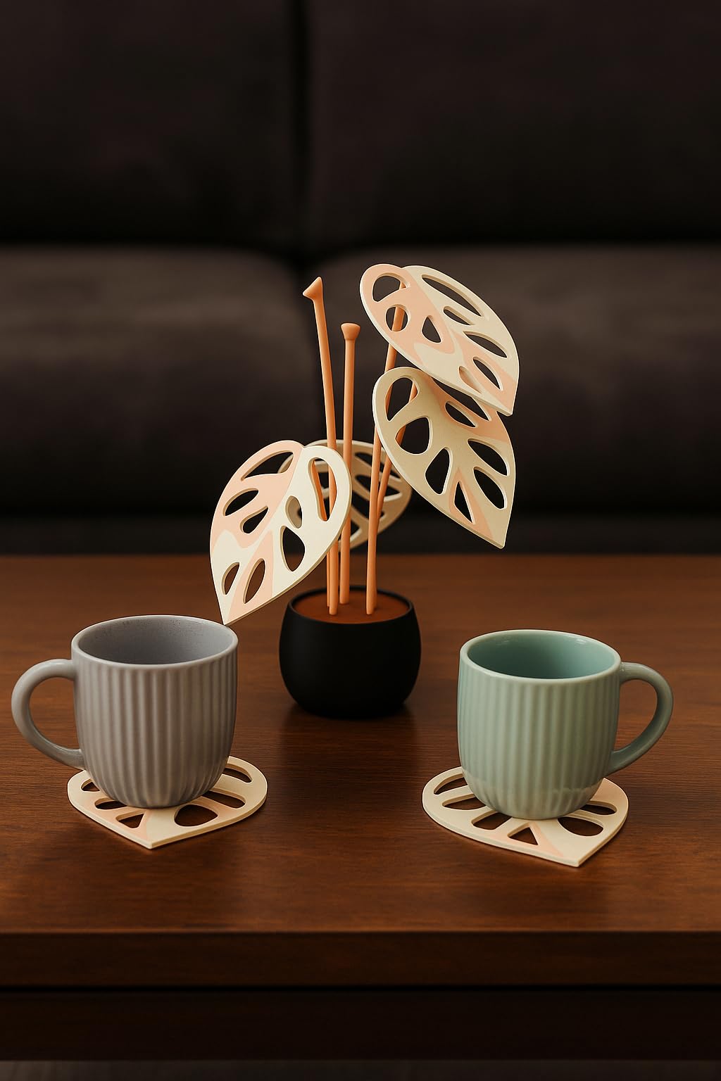 Magnetic Plant Coaster Set with Holder – Decorative Leaf Design | Unique Home & Tabletop Decor | Coffee & Drink Coasters | Set of 6 (Pink & White)-image-27