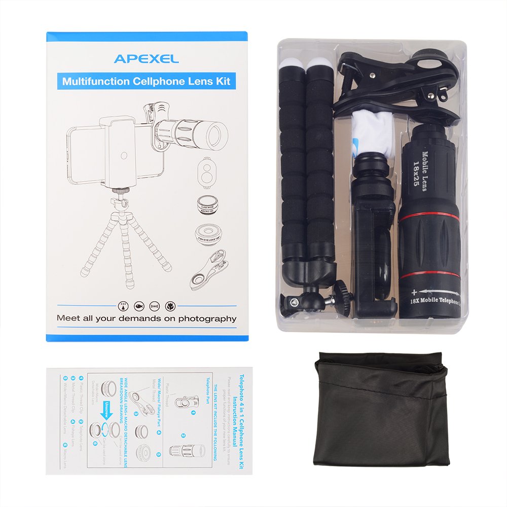 APEXEL Camera Lens Kit 18x Monocular Telescope, 0,63x Weitwinkel, 15x Makroobjektiv, 198 ° Fisheye-Objektiv, Flexibles Kamerastativ für iPhone, Samsung und die meisten Smartphones Black