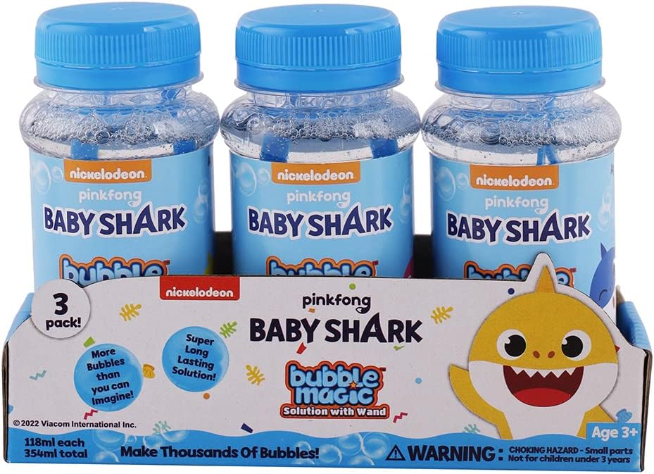Bubble Magic Baby Shark Solution Bottle with Wand - Pack of 3 118 ML Each, with Specially Designed Grooves to Hold More Solution, Gift Set for Boys & Girls for The Age 3 Years and Above