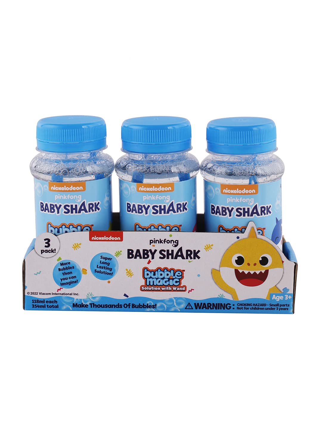 Baby Shark Solution Bottle with Wand - Pack of 3 118 ML Each, with Specially Designed Grooves to Hold More Solution, Gift Set for Boys & Girls for The Age 3 Years and Above