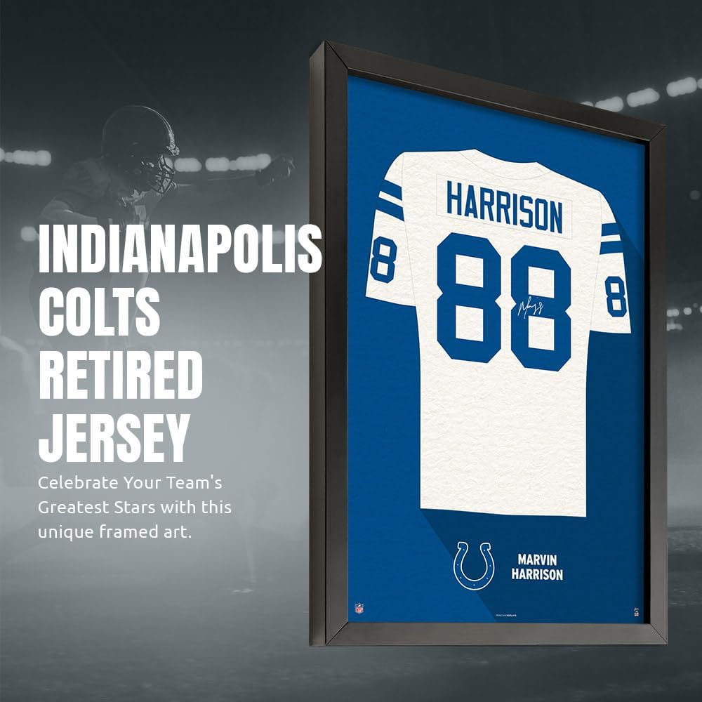 Sporticulture NFL American Football Indianapolis Colts - Marvin Harrison Jersey Print Framed Wall Art Picture Poster for Boys Bedroom and Man Cave Decor - Ready to Hang, White 14" x 20", Small