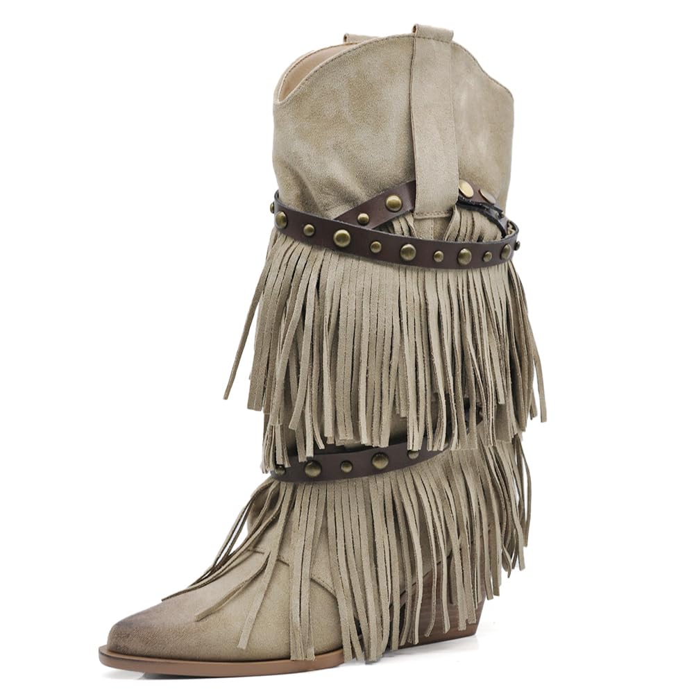 IF Stivali Texani da Donna Western Cowboy Cowgirl in Camoscio Sintetico con Borchie e Frange Rimovibili a 3 Strati Tacco Medio Stile Camperos GA053