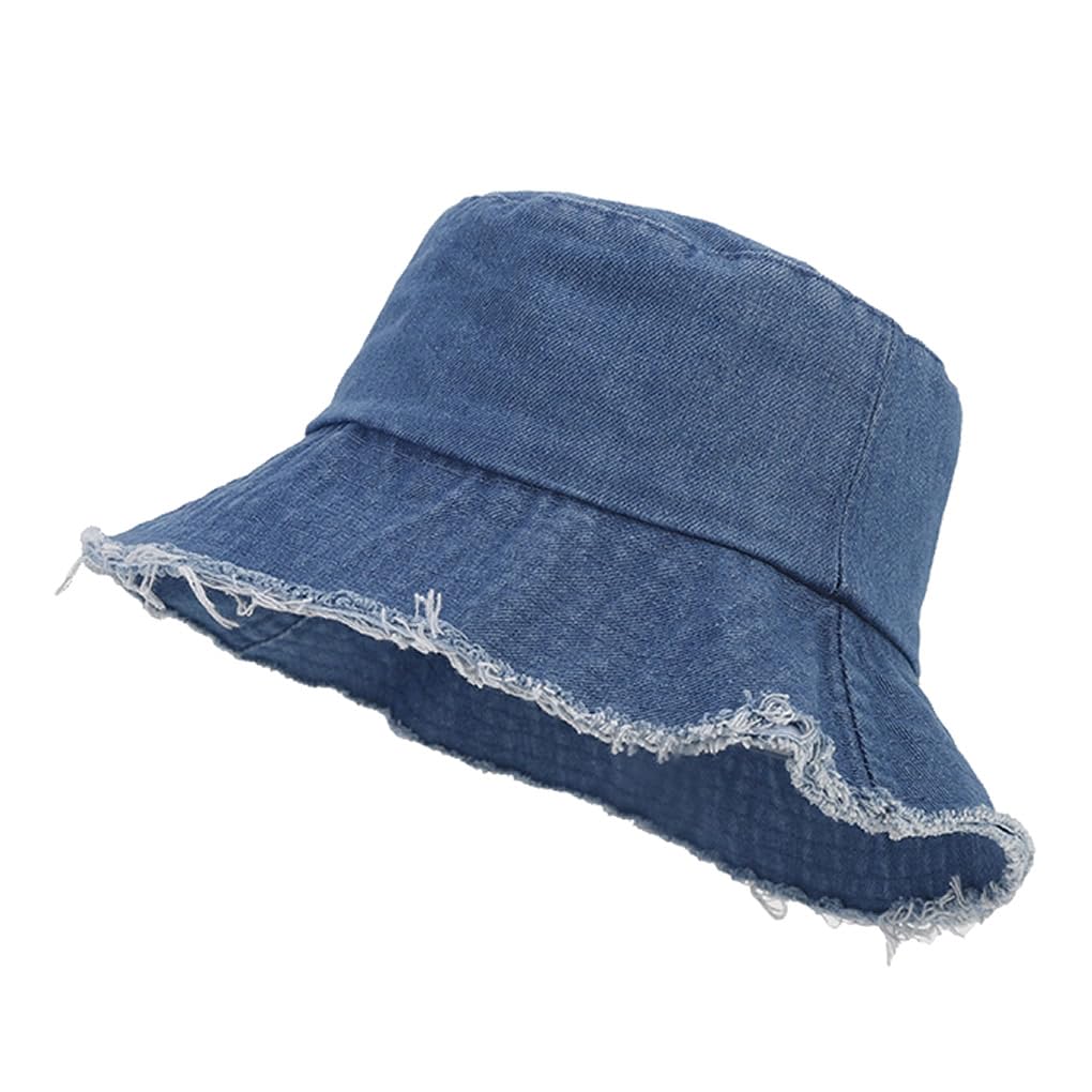 Quanhaigou Frayed Unisex Sun Hats, Fashion Beach Bucket Hat for Men Women,Summer Outdoor Boy's Girls Boonie Cap (Frayed Denim Blue)