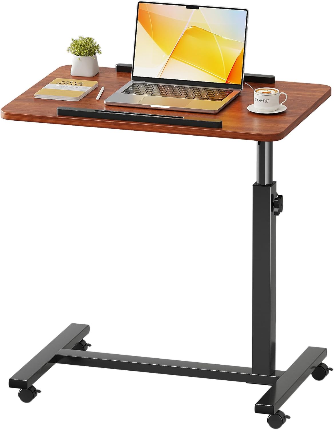 Laptop Table Mobile Adjustable Height Portable Desk Notebook Swivel PC Computer Rolling Desk with Wheels, Laptop Stand for Couch Bedside Hospital Bed Table (Dark Walnut)