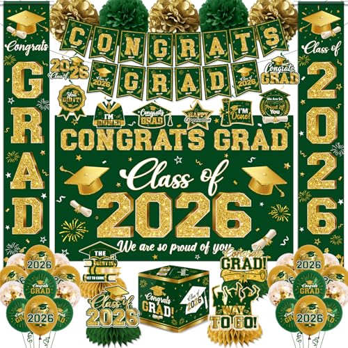 2026 Graduation Decorations - Green Congrats Grad Party Supplies include Card Box Backdrop Banner and Balloons for Class of 2026 Decorations Set