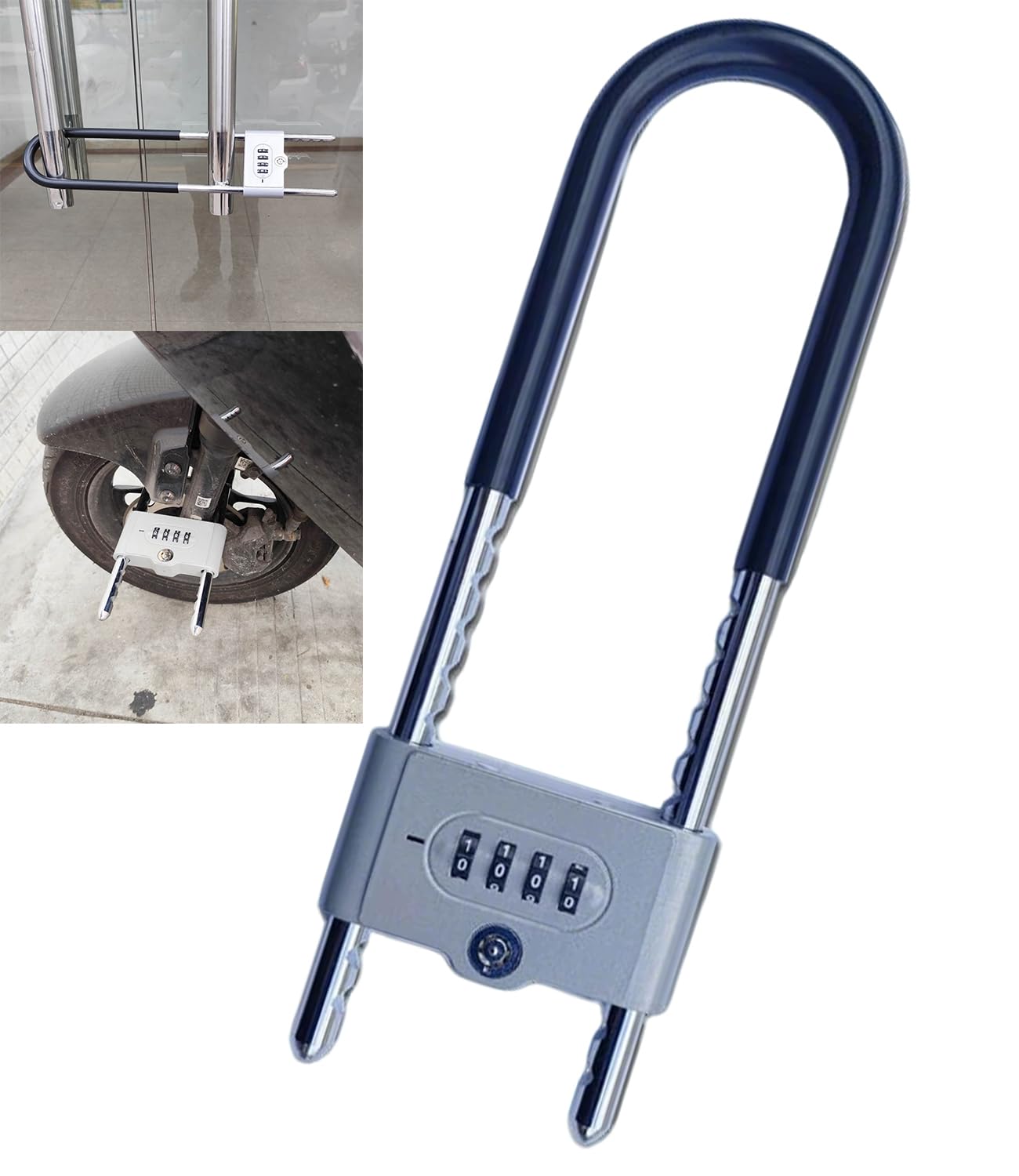 Cerradura en U de combinación de grillete largo, cerradura de seguridad de doble puerta, código de 4 dígitos con anulación de llave, cerradura de seguridad resistente para bicicleta, bicicleta