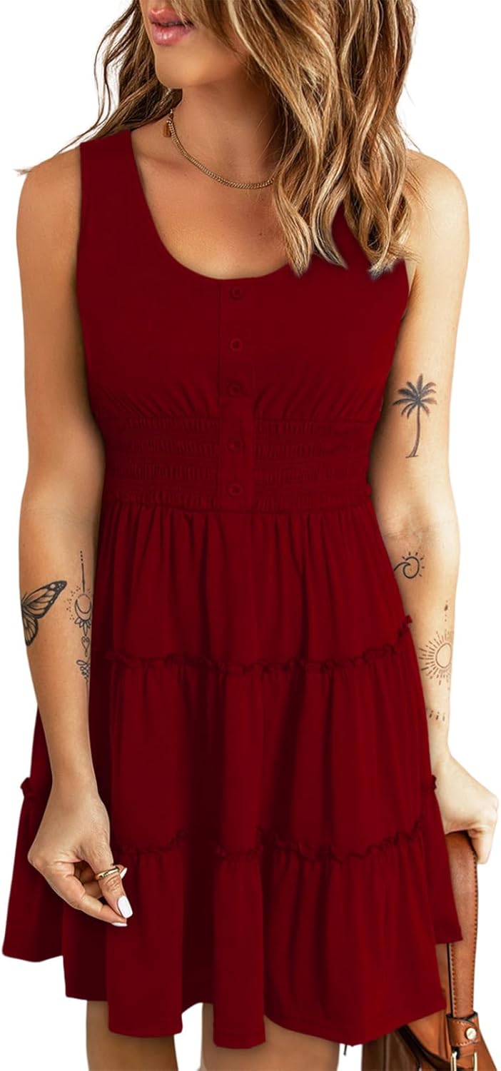Dokotoo Womens Summer Dresses 2025 Sleeveless Button Down Smocked Empire Waist Ruffle Tiered Casual Swing Mini Dress