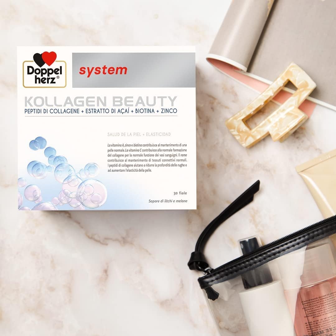 Doppelherz system KOLLAGEN BEAUTY - Complemento Alimenticio para Piel con Péptidos de Colágeno, Extracto de Açai, Biotina, Vitamina A, C y E, Zinc y Cobre, Sin Gluten ni Lactosa, 30 Viales