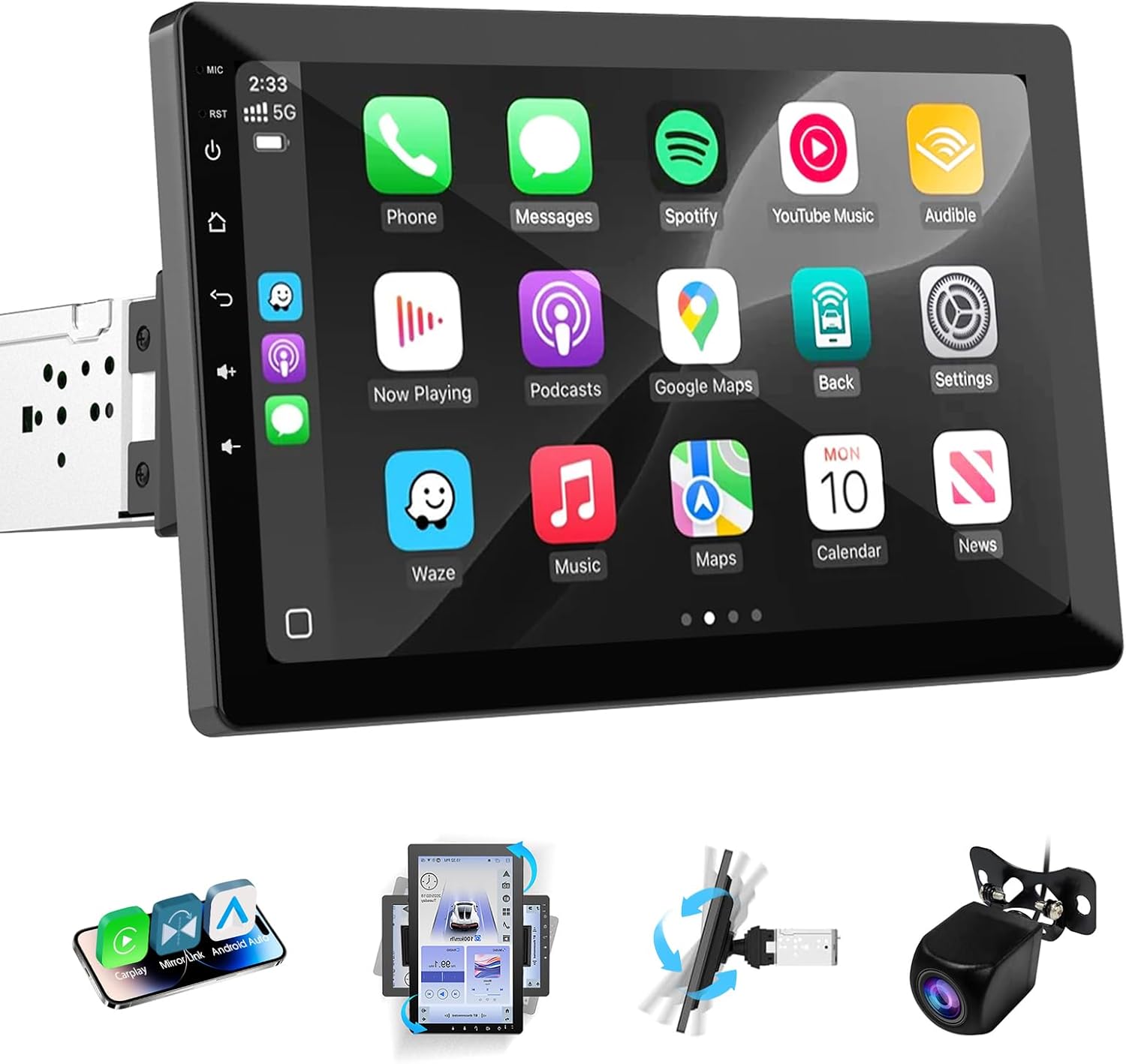 10.1 inch Single Din Car Stereo, Rotatable Touch Screen Radio with Wireless Apple CarPlay & Android Auto, Backup Camera, Mirror Link, SWC, GPS, Voice Control, Bluetooth, WiFi