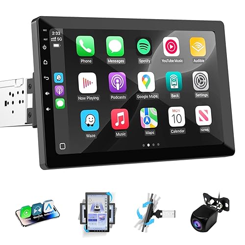 Haudio 10.1 inch Single Din Car Stereo, Rotatable Touch Screen Radio with Wireless Apple CarPlay & Android Auto, Backup Camera, Mirror Link, SWC, GPS, Voice Control, Bluetooth, WiFi