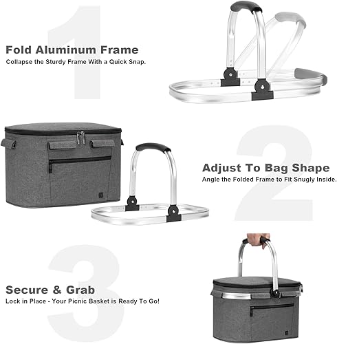Miniatura 3 de Nevera portátil AllCamp tipo cesta de picnic plegable con aislante, tamaño grande con costura en el marco, English, L, gris