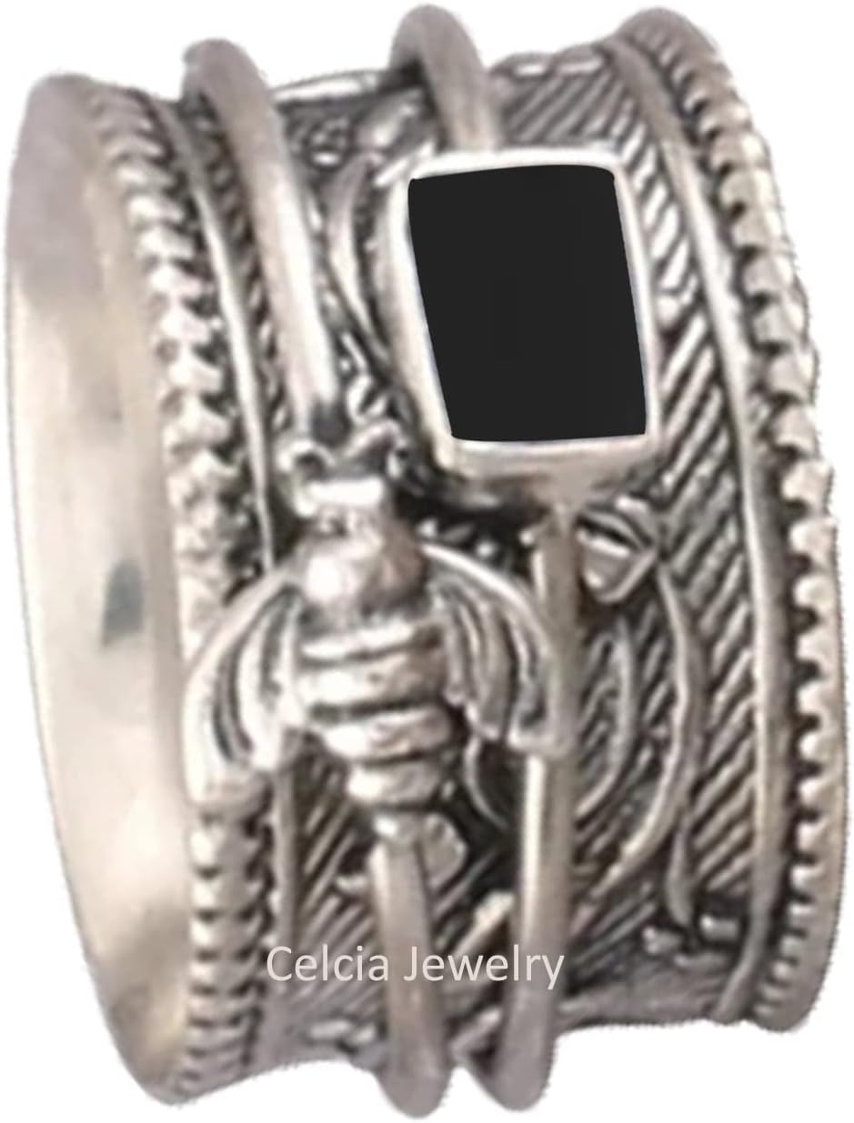 Solid 925 Sterling Silver Honey Bee Spinner Meditation Ring, Natural Abalone Shell Gemstone Ring