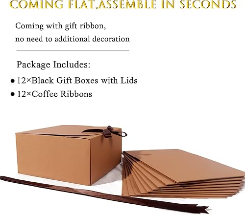 Miniatura 4 de WLUSEAXI Paquete de 12 cajas de regalo con tapas, cajas de regalo marrones a granel con cinta de lazo marrón, caja de propuesta de dama de honor