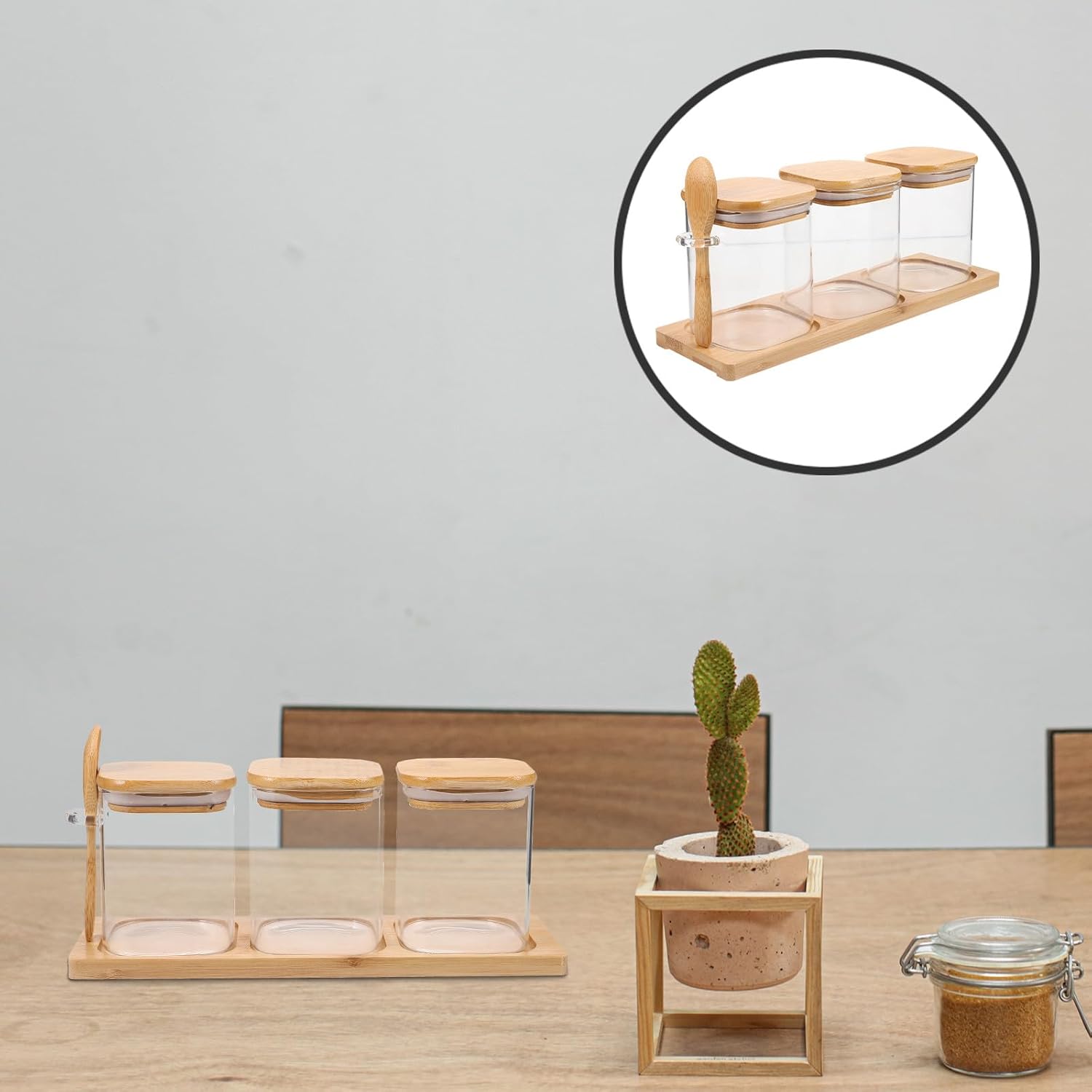 Cabilock Condiment Jars Set with Wooden Lids and Spoons, Glass Spice Containers on Tray, Kitchen Seasoning Storage for Home Cooking, 3pcs Rectangular Base Set
