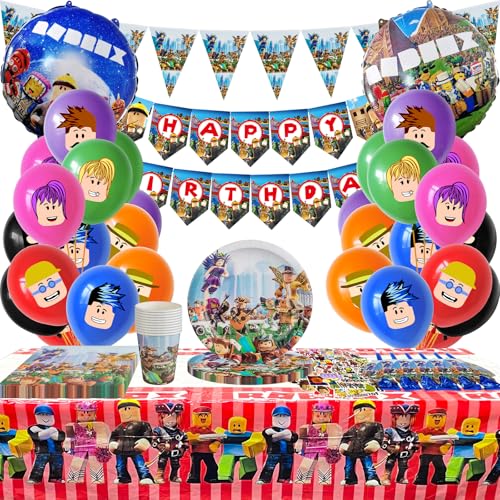 115pcs Roblox Birthday Decorations, Roblox Cake Topper, Driflo Gamer Party Decorations, Party Tableware Set, With Balloons, Tablecloth, Plates, Cups, Napkins, Stickers, for Birthday Gift