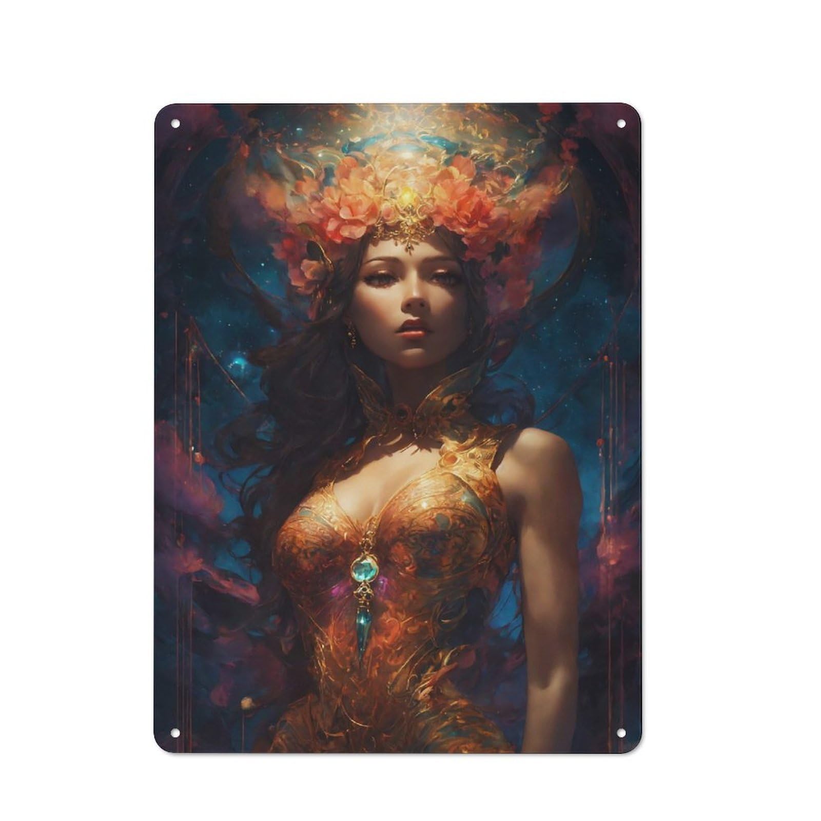 Golden Goddess with Floral Crown Retro-style Tin Sign 40x30cm for Guest Room Or Hallway, for An Autumn Update to Guest Room And Hallway