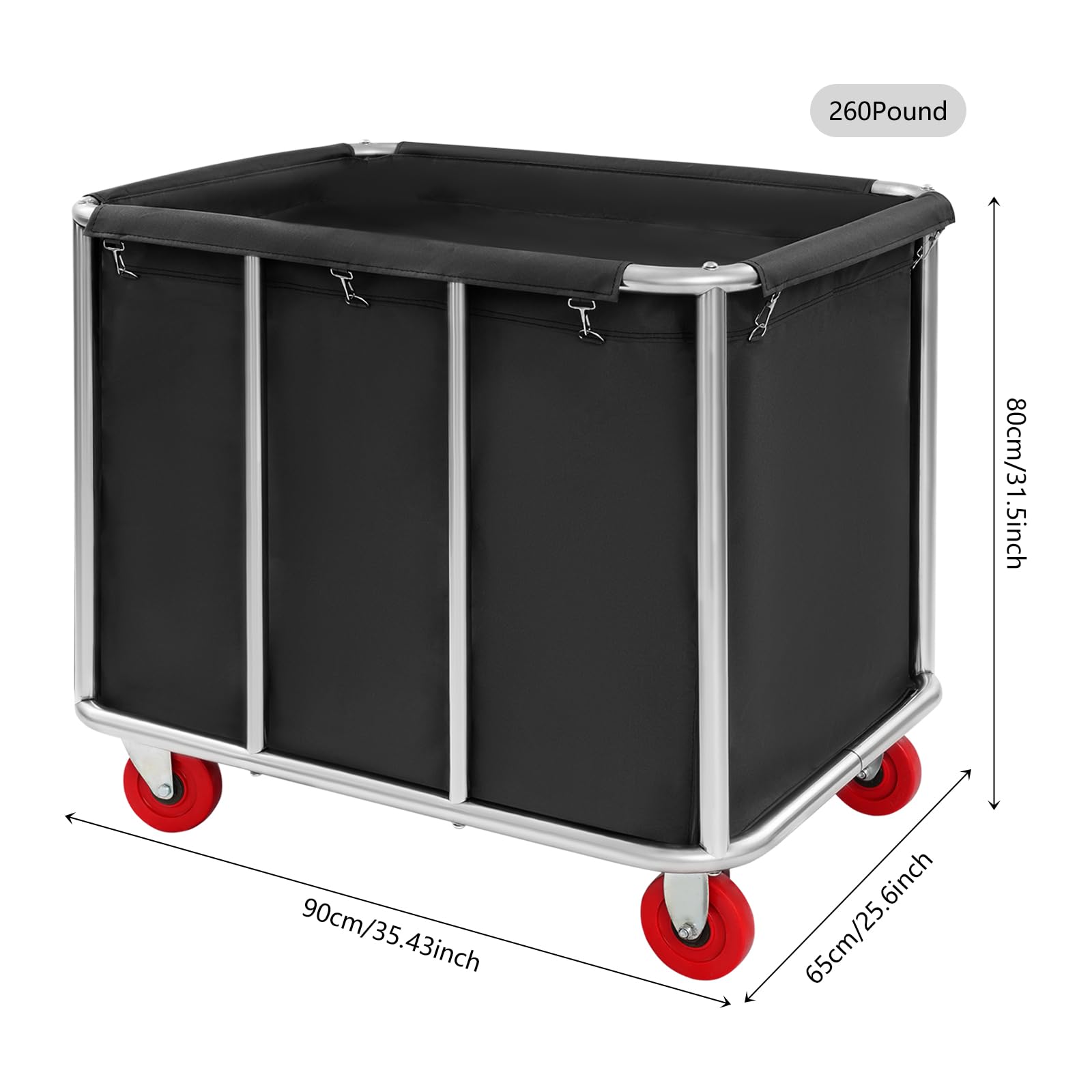 Carrito de lavandería grande de acero inoxidable con ruedas, capacidad de carga de 117,93 kg, cesta para la colada, para hoteles, apartamentos, almacenes y hospitales, 90 x 65 x 80 cm