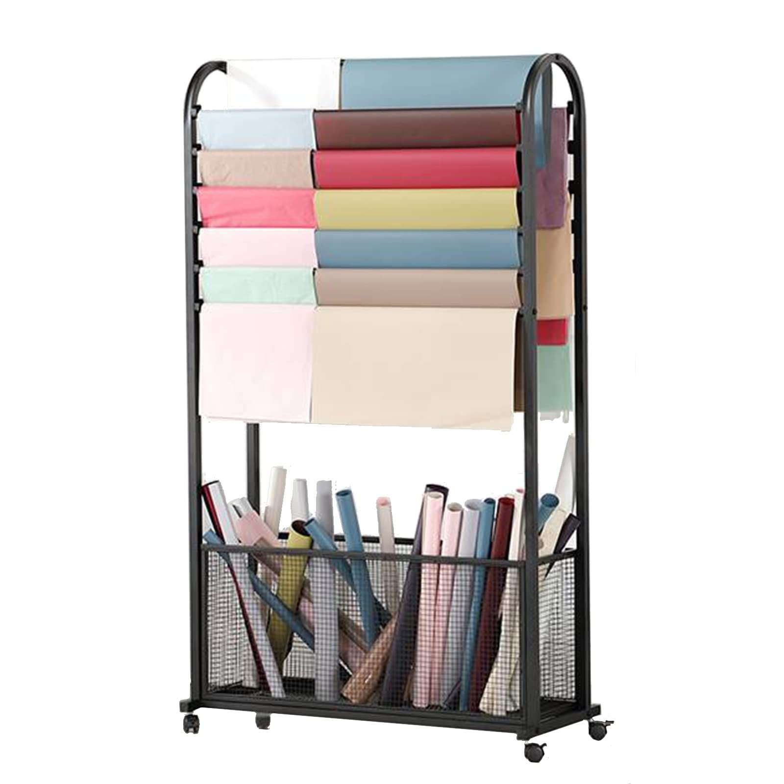 UWYTGF Floor Scarf Display Rack with Grid Basket,Rolling Wrapping Paper Organizer,Metal Storage Holder for Ribbon/Cloth/Satin/Vinyl Reel,OneColor,70X30X140Cm