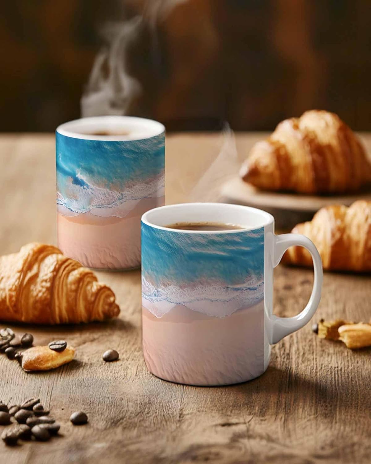 BEMIGO Ceramic Coffee Mug Beach Sea Wave Ceramic Mug White Cup, Blue Summer Sunshine Insulated Coffee Cup with Handle with Pattern Perfect for Tea and Hot Beverages, 12oz