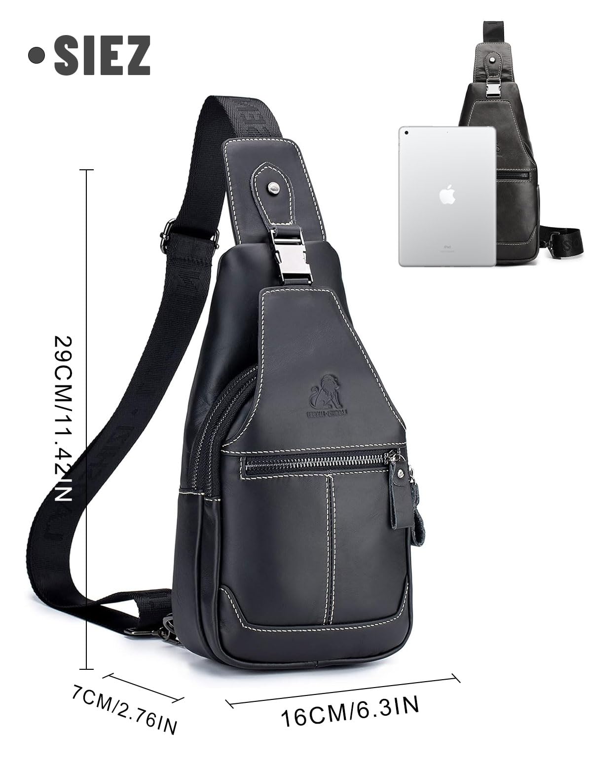 Bolsa de Pecho Para Hombres Bolso de Cuero Genuino Deportes y Ocio al Aire Libre Bolsa Pectoral Multifuncional Vintage de Moda e Impermeable Negro