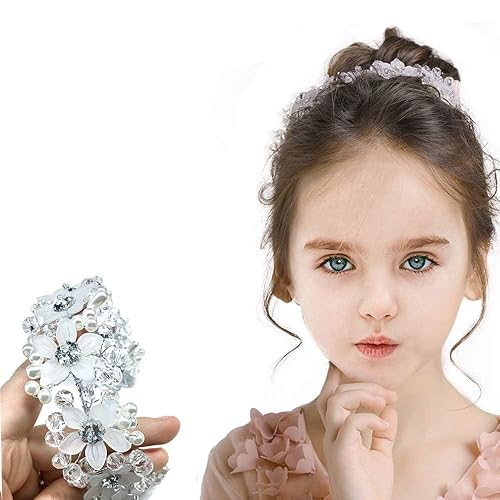 Tocado de boda para niña de flores, accesorios para el cabello con perlas para niñas y mujeres, tiaras nupciales de boda (blanco)