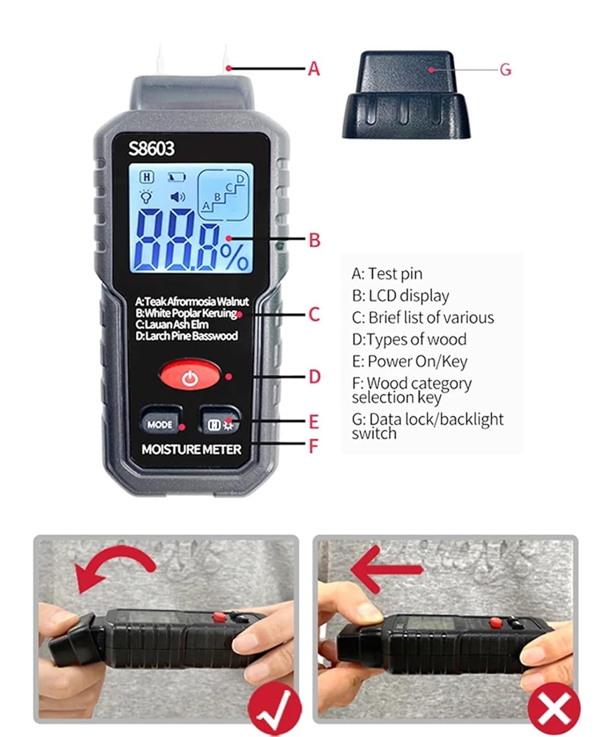 Moisture Meter 0-99.9% Wood Moisture Meter 4-in-1 Wood Chips Hair Moisture Humidity Detector Hygrometer Firewood Tester