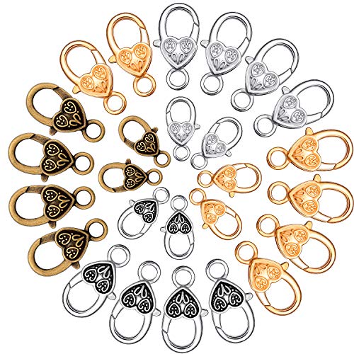 WILLBOND 60 Pieces Heart Lobster Claw Clasps Tibetan Antique Lobster Claw Clasps for Jewelry Necklaces Bracelet DIY Making Accessories (Antique Silver, Matte Gold, Antique Bronze, Silver)