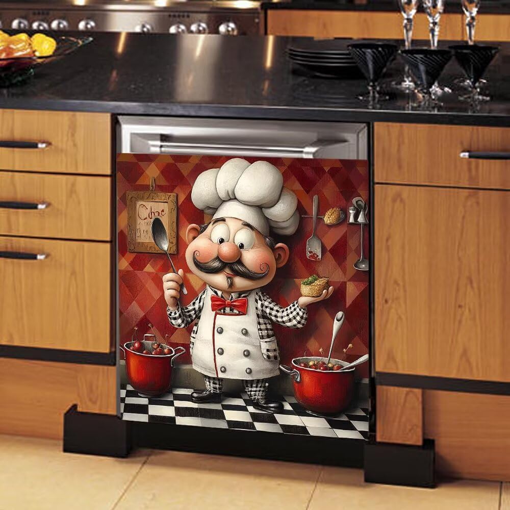 Kitchen Decor Chef Magnet Dishwasher Decal,Classic Red Plaid Dishwasher Magnet Cover Refrigerator Door Decorative,Funny Chef Dishwasher Cover Panel Decals Fridge Sticker,Magnetic 23" x 26"