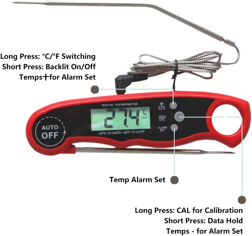 review Meat Thermometer, Dual Probe Instant Read Food Meat Thermometers for Cooking Oven Safe Leave in Digital Meat Thermometer with Alarm Function and Backlight for BBQ Candy Smoker Grill(Red)