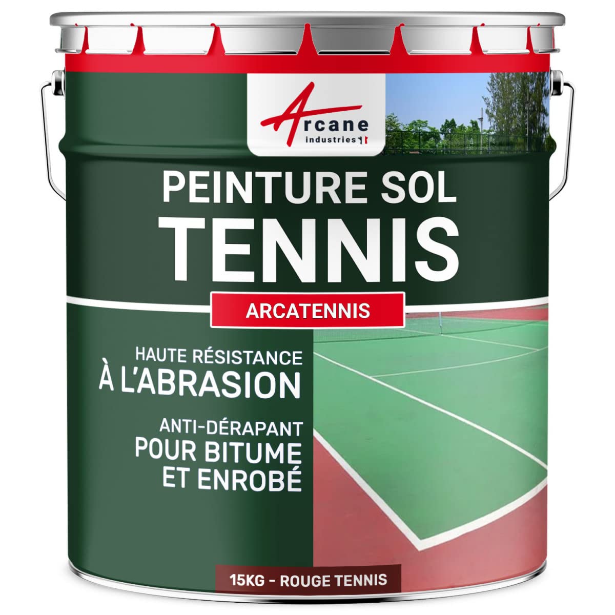 ARCANE INDUSTRIES Peinture pour court de tennis, béton, poreux, couleur ligne, rénovation, anti dérapant, salle de sport : Arcatennis - 15 kg (jusqu'à 30 m² en 2 couches) Rouge Tennis