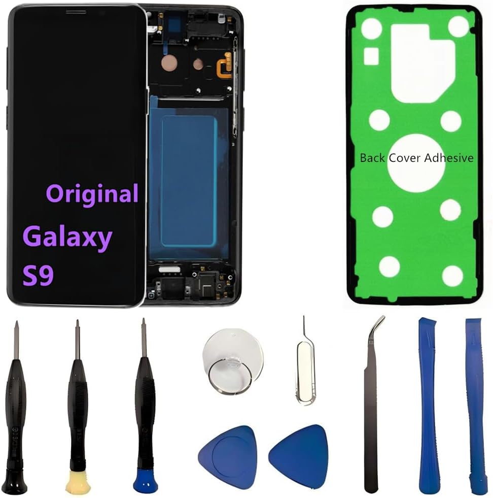 Original 5.8" AMOLED Display for Samsung Galaxy S9 Screen Replacement OEM S9 SM-G960U SM-G960F Display Touch Screen Digitizer Assembly (with Blue Frame+Back Cover Adhesive+Tools)