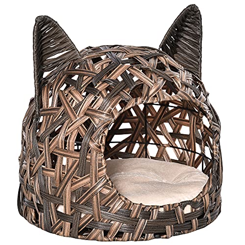 Cuccia Per Gatti PawHut A 2 Piani In Vimini - Grigio Con 2 Cuscini, 56x37x40 Cm, Per Interno/Esterno