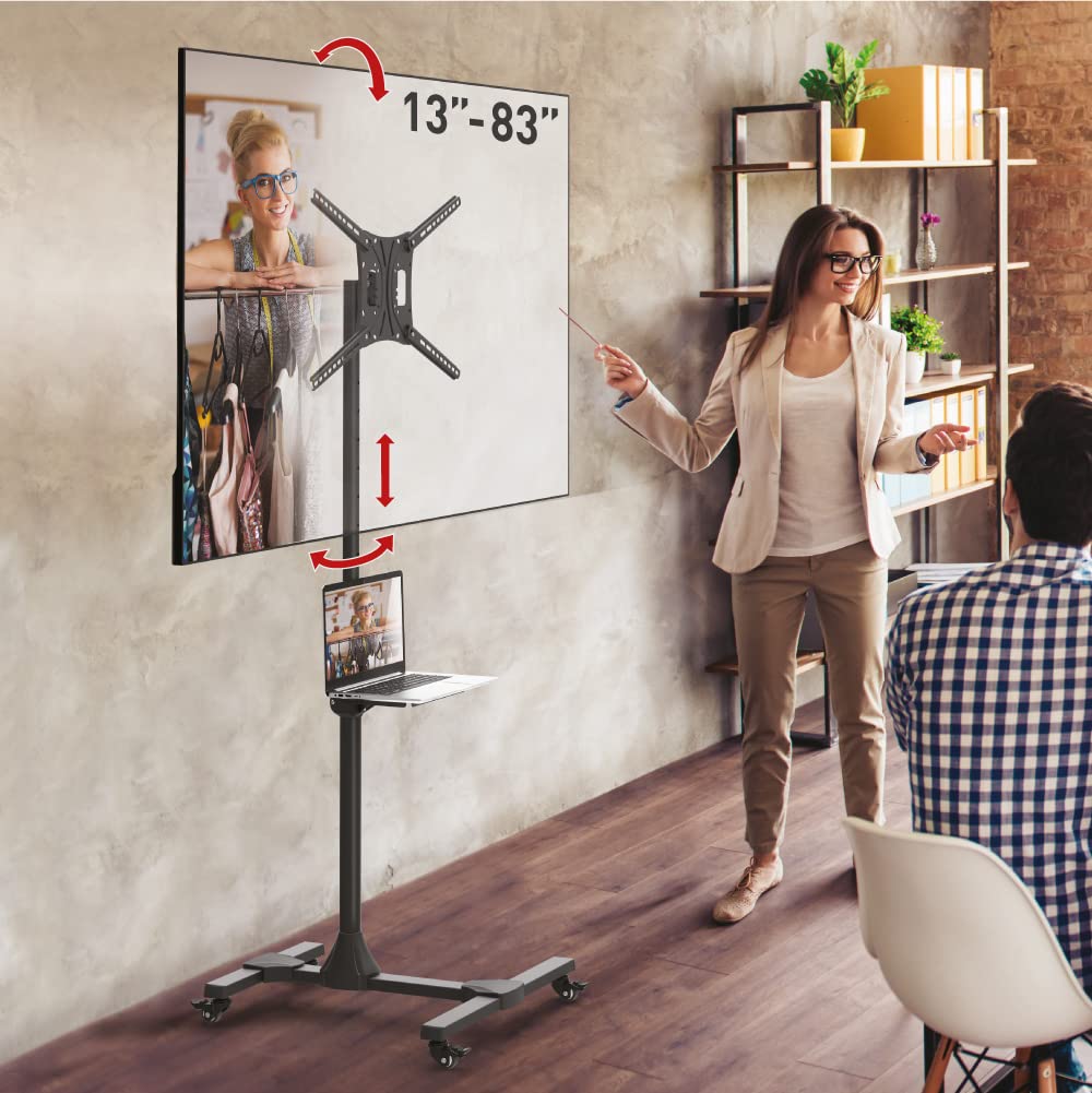 Barkan Mobile TV Cart 13-83 inch Tilt and Height Adjustment Stand, Metal Shelf, Holds Up to 110 lbs, Glossy Finish, Lockable Wheels, Rolling Trolley, Fits LED OLED LCD, Black