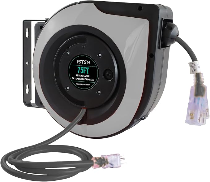 75ft Retractable Extension Cord Reel - 14 AWG/3C SJTOW Heavy Duty with 3 Lighted Outlets, 10A Breaker - Wall/Ceiling Mount for Indoor Outdoor Garage, Workshop Grey.