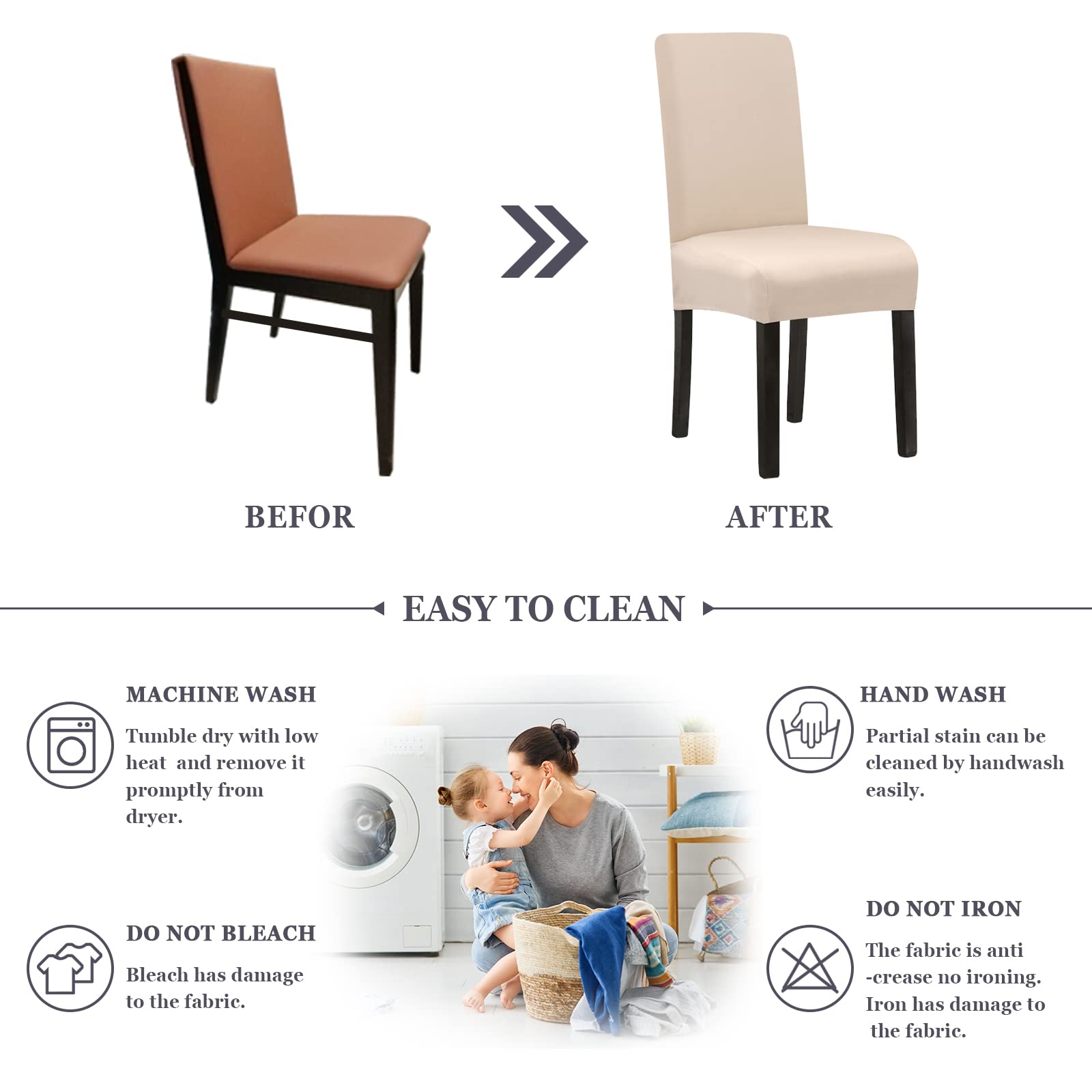 Jaotto Coprisedie con Schienale Impermeabile 6 Pezzi, Fodere Coprisedia Elasticizzati con Schienale per Sala da Pranzo, Moderna Vestisedia Lavabile Estraibile per Cucina Casa,Bianco Sporco